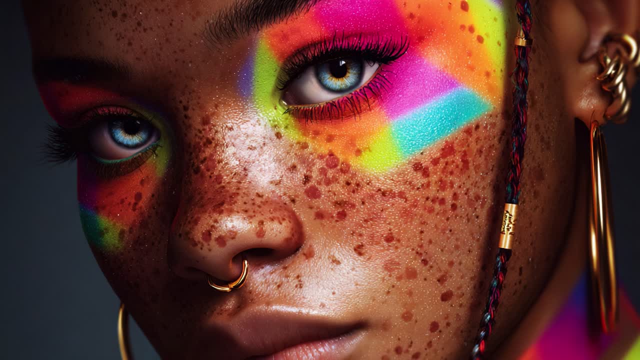 A Vivid Artistic Portrait Capturing the Unique Beauty of a Girl with Colorful Face Paint, Radiant Freckles, and Striking Features Emphasizing Modern Artistic Expression