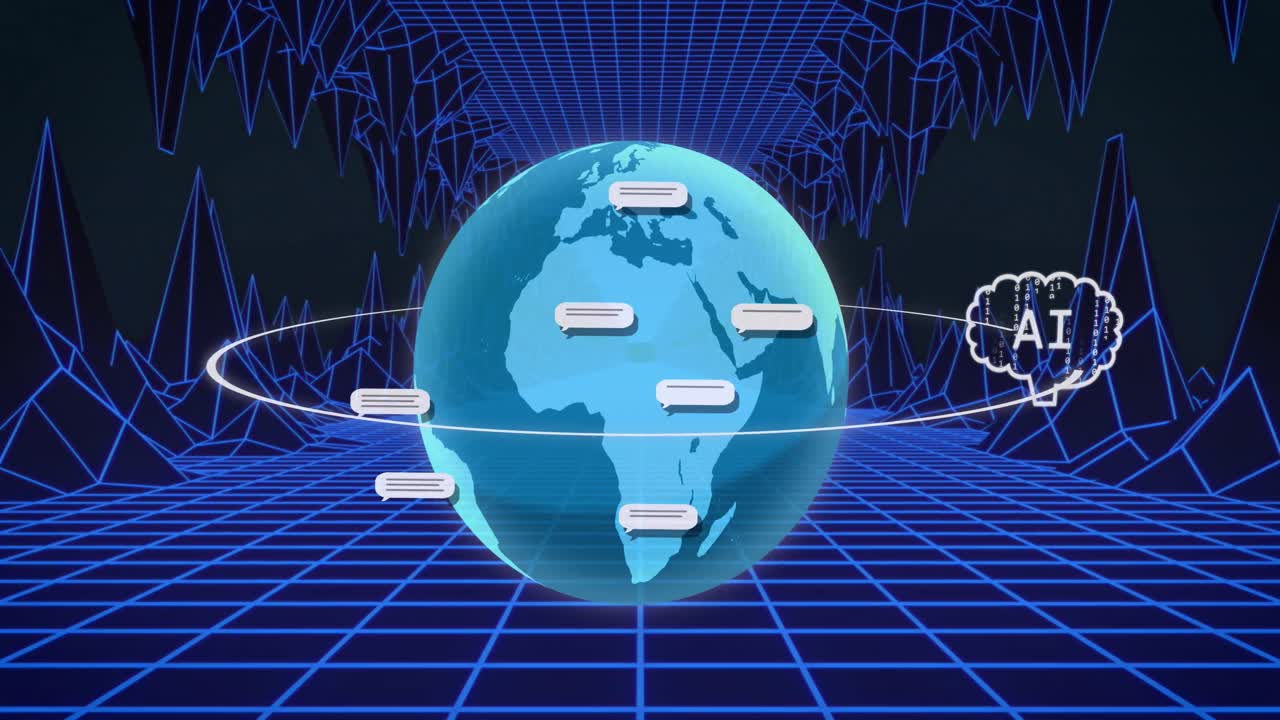 Animation of ai chat and data processing over globe and metaverse