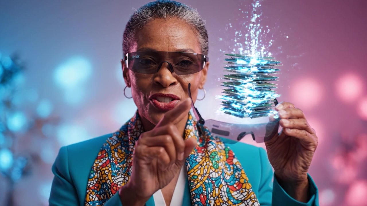 A woman examines a stack of innovative technology while showcasing the latest advancements in creativity and design, featuring intelligence and innovation in action.