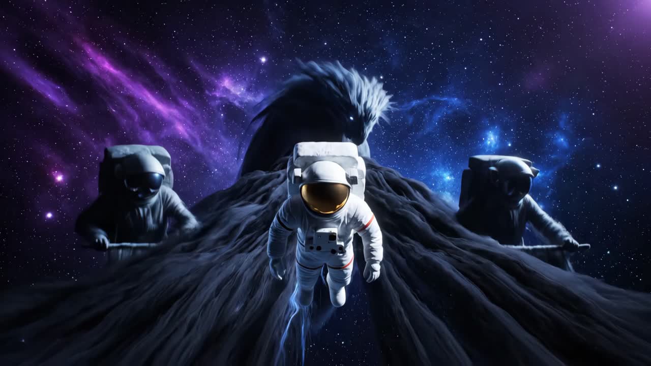 Astronauter, der udforsker en kosmisk stjernetåge med en drage