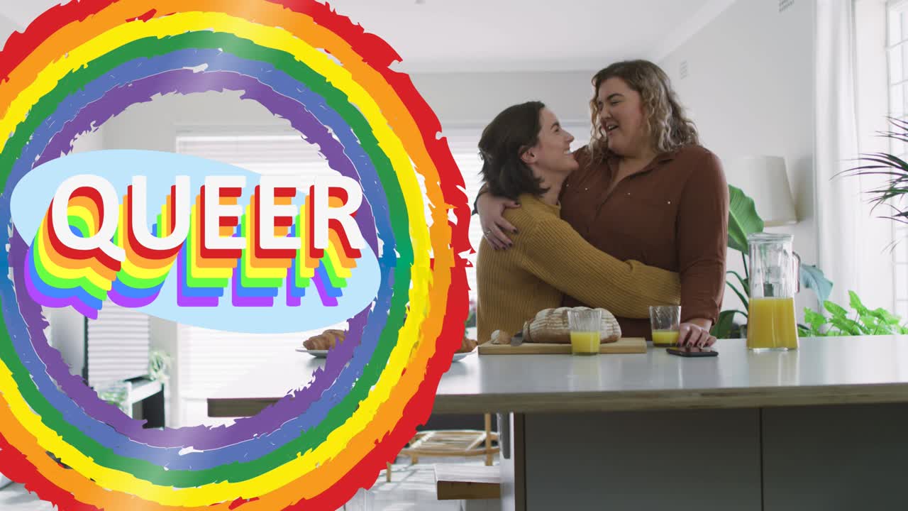 Animation d'arc-en-ciel et de symboles queer sur un couple de lesbiennes dans une cuisine