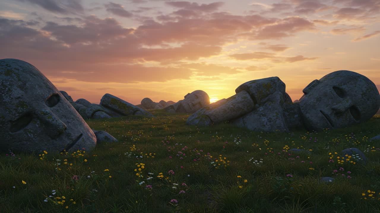A serene sunset over a mystical landscape adorned with ancient stone heads, surrounded by lush grass and vibrant wildflowers, evoking a sense of history and wonder