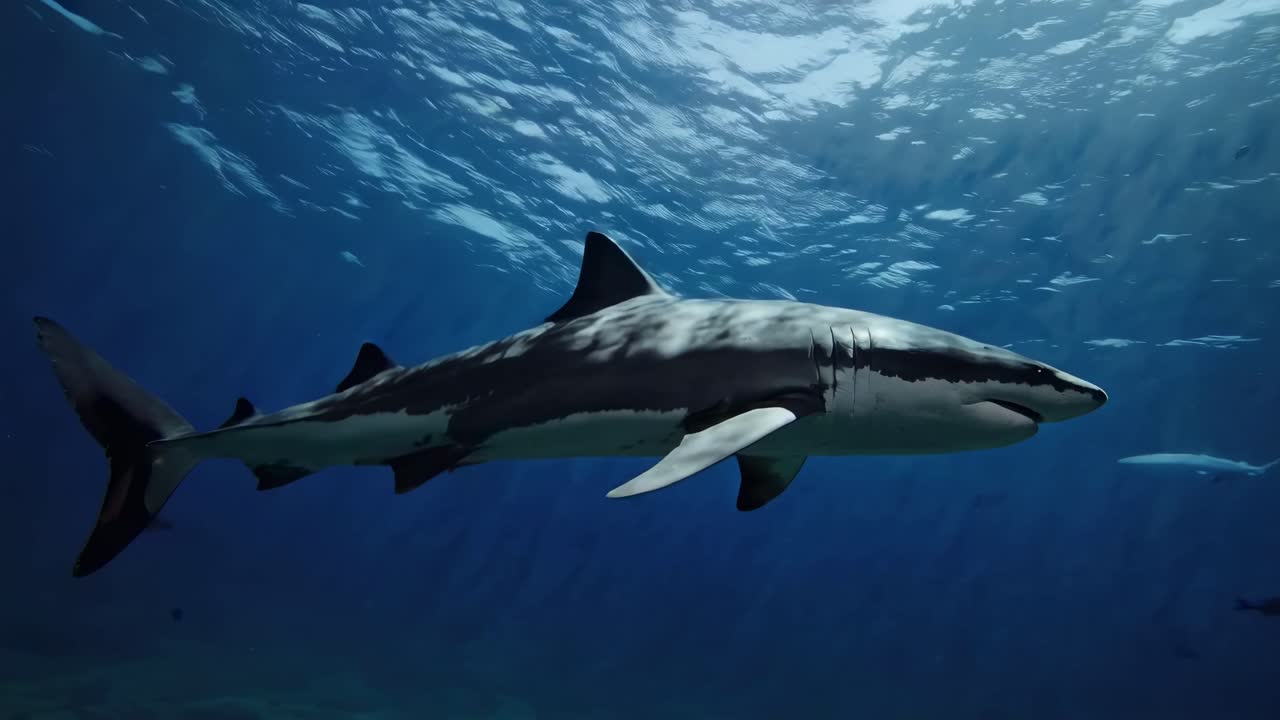 Underwater video of a shark swimming gracefully. Captured from a side angle, showcasing the serene