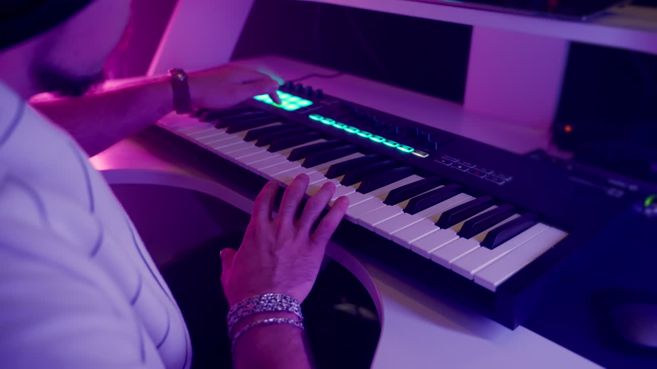 músico tocando el teclado midi en un estudio casero