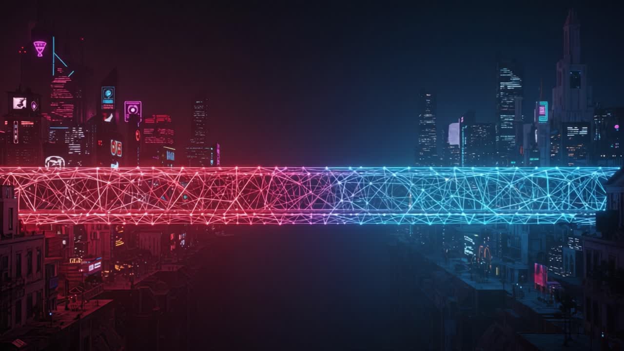 A Stunning Neon Bridge Connecting Urban Landscapes, Illuminated by Vibrant Red and Blue Lights, Showcasing Futuristic Concepts and Digital Elements in a Nighttime Cityscape