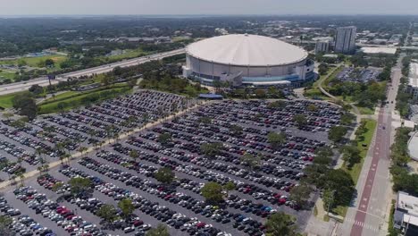 4K-Aerial-Drone-Video-of-Tropicana-Field-and-Full-Parking-Lots-in-Downtown-St