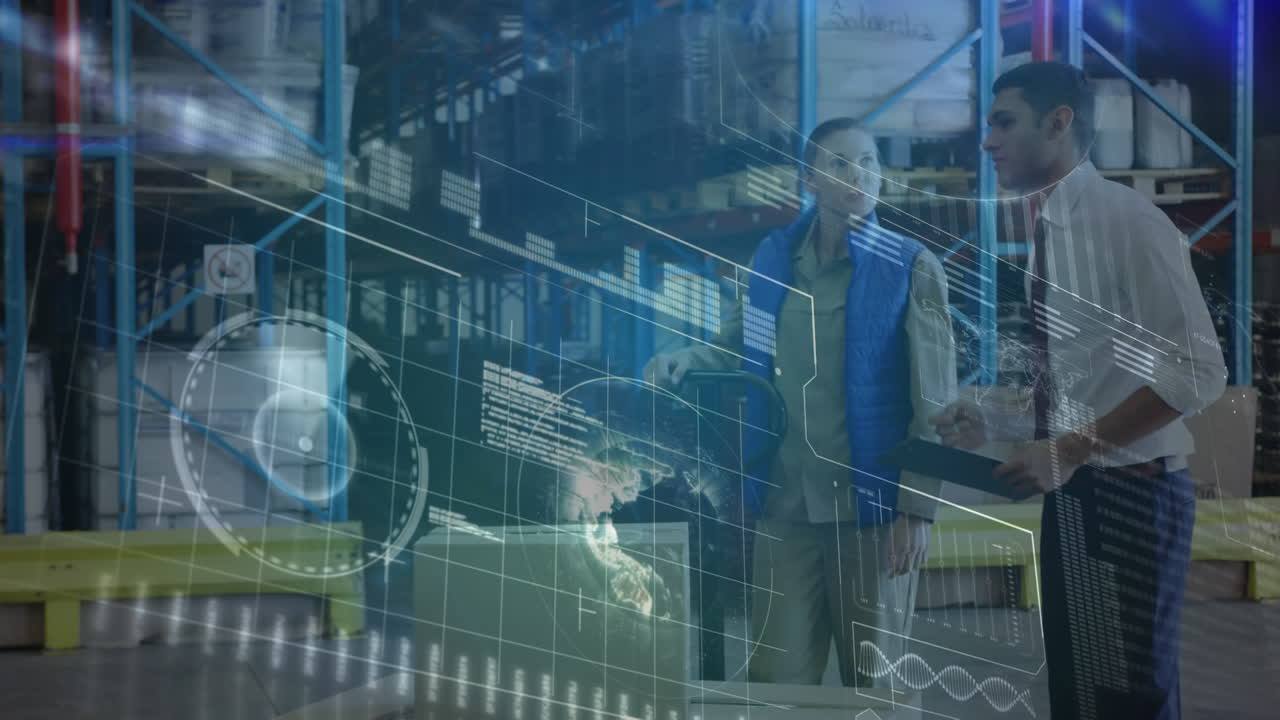 Animation of data processing over diverse male warehouse workers