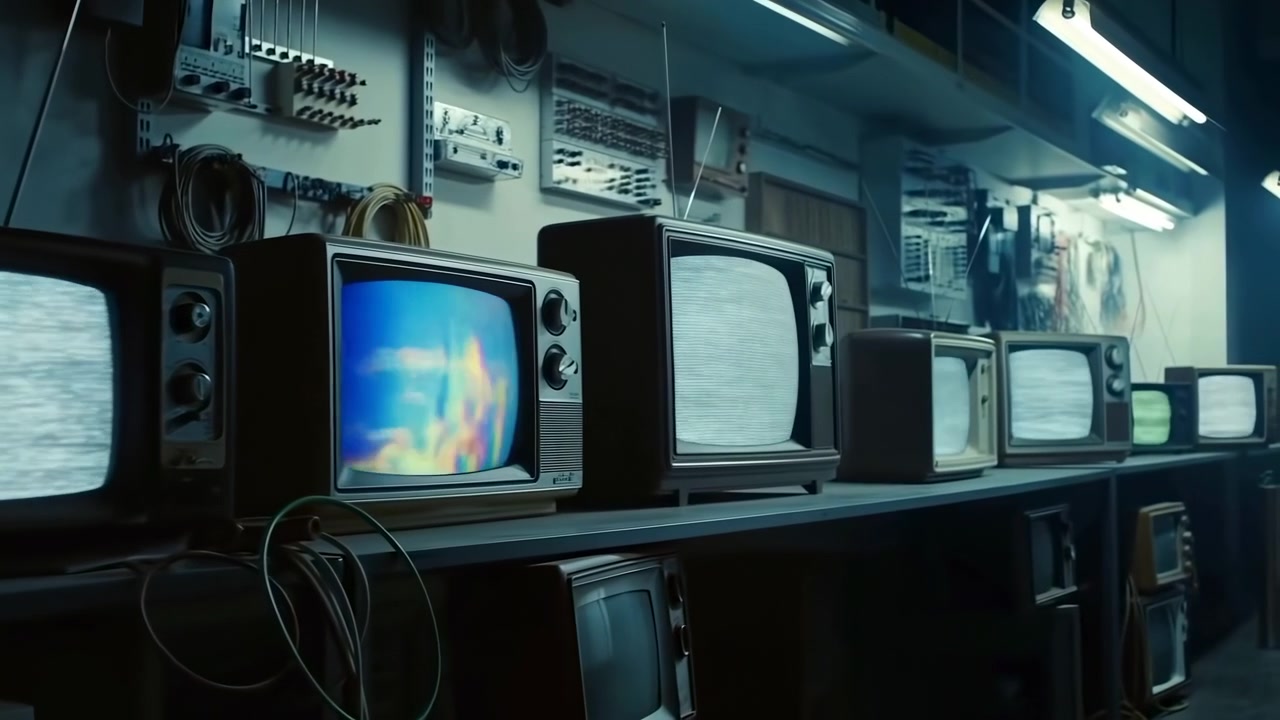 Small and medium vintage CRT televisions rest on two-tier metal shelving inside dim electronics workshop, with most screens showing monochrome static, noise, and one set with test pattern