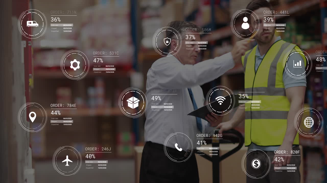 animación de procesamiento de datos contra el supervisor masculino caucásico y el trabajador discutiendo en el almacén