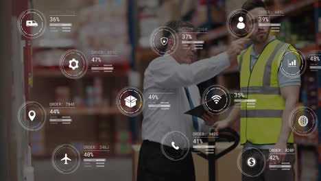 Animación-Del-Procesamiento-De-Datos-Contra-Un-Supervisor-Masculino-Caucásico-Y-Un-Trabajador-Discutiendo-En-El-Almacén