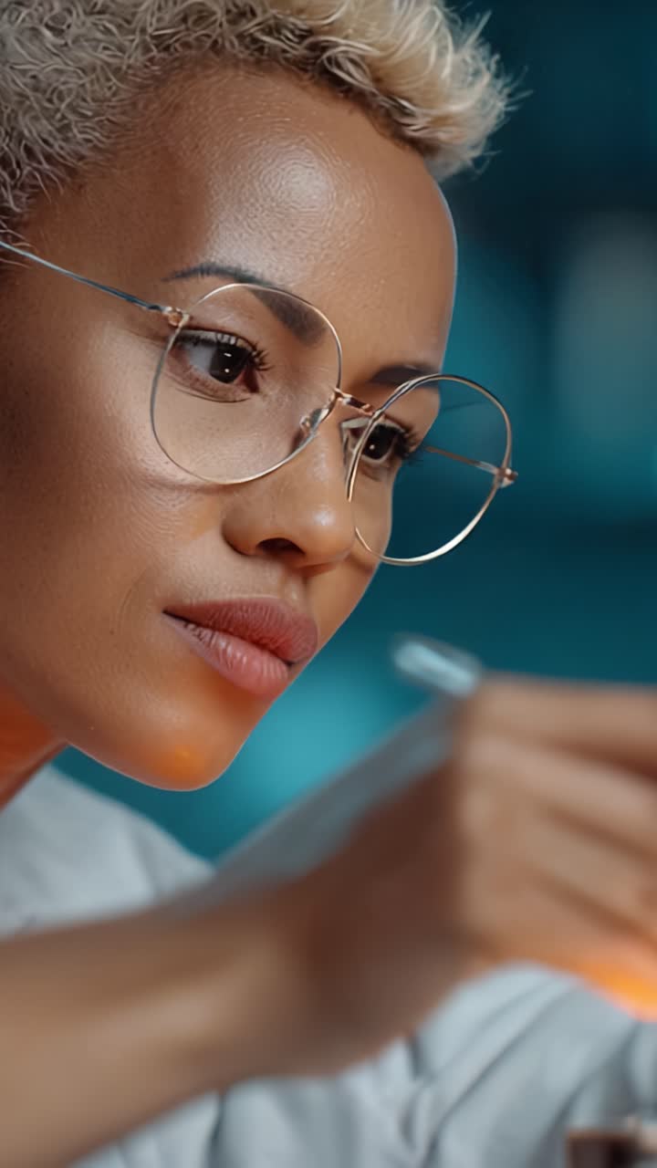 Donna concentrata che usa una penna, a dimostrazione dell'attenzione ai dettagli e della creatività in un momento di riflessione sull'espressione artistica e sulla concentrazione sul suo lavoro o sulla sua ricerca