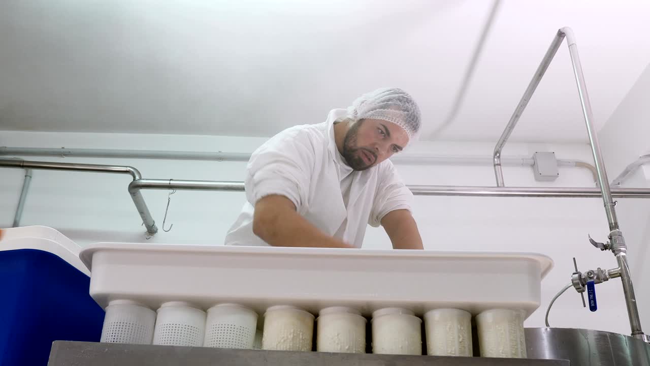 producción de queso: fabricante de queso que trabaja en una fábrica de queso de diario