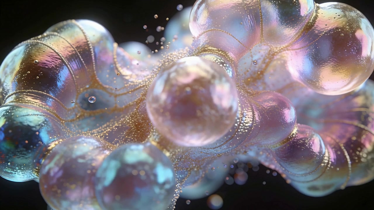 Spostamento della luce che causa la rotazione di un cluster toroidale, aprendosi in un vuoto oscuro, rivelando perle d'oro, goccioline.