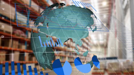 statistical data processing over spinning globe against warehouse in background