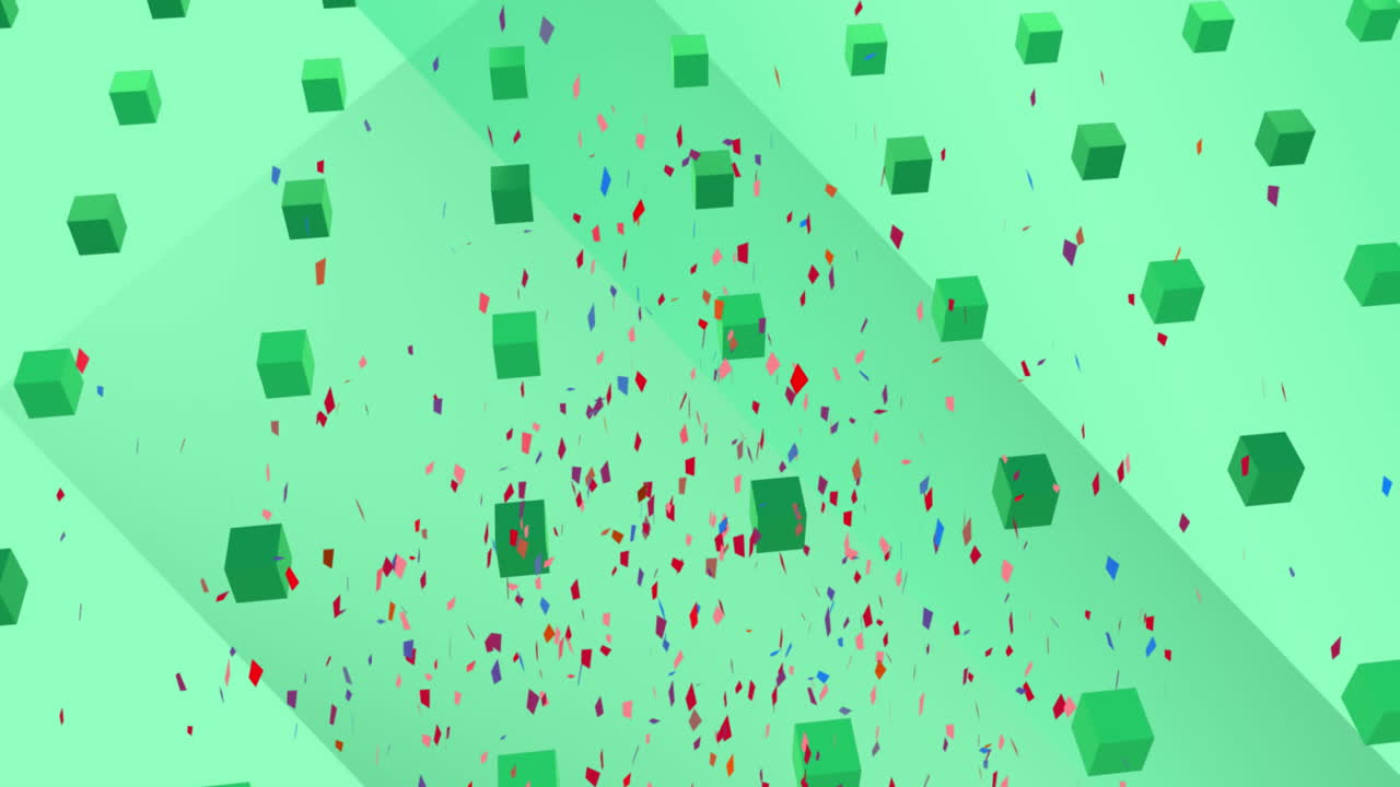 animación de confeti cayendo sobre filas de cubos de navidad moviéndose sobre un fondo verde.