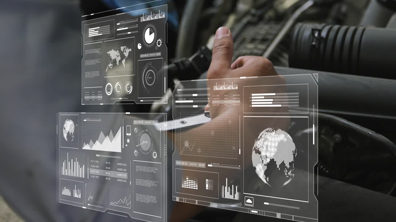 Auto tech placing phone near engine and tapping screen, starting holo graphs globe while diagnosing