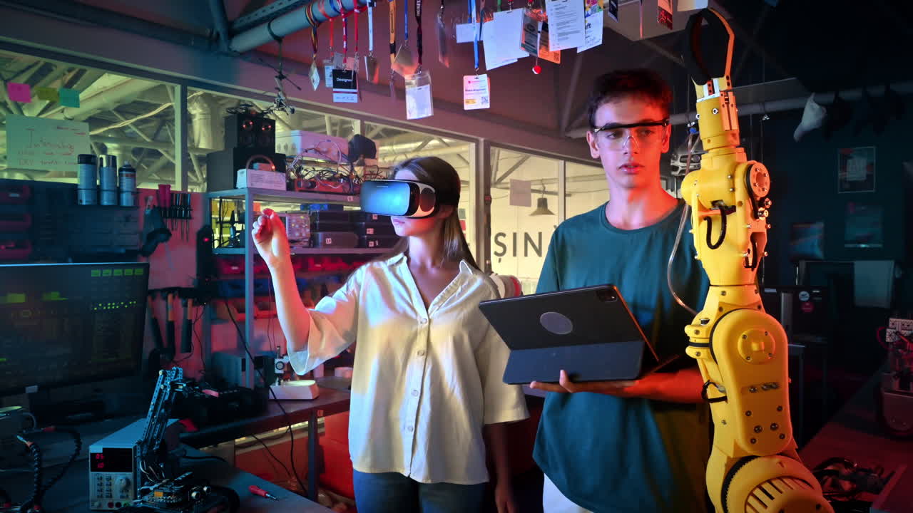 Teens doing experiments in robotics in a laboratory. Boy in protective glasses using tablet and working with robot, girl in VR headset is in virtual reality. Red and blue illumination. Slow motion