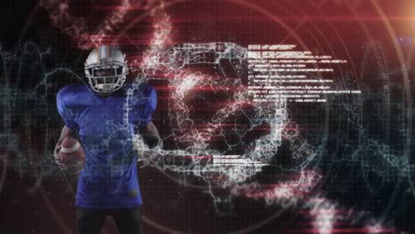 Animation-of-data-processing-and-dna-strand-over-african-american-american-football-player