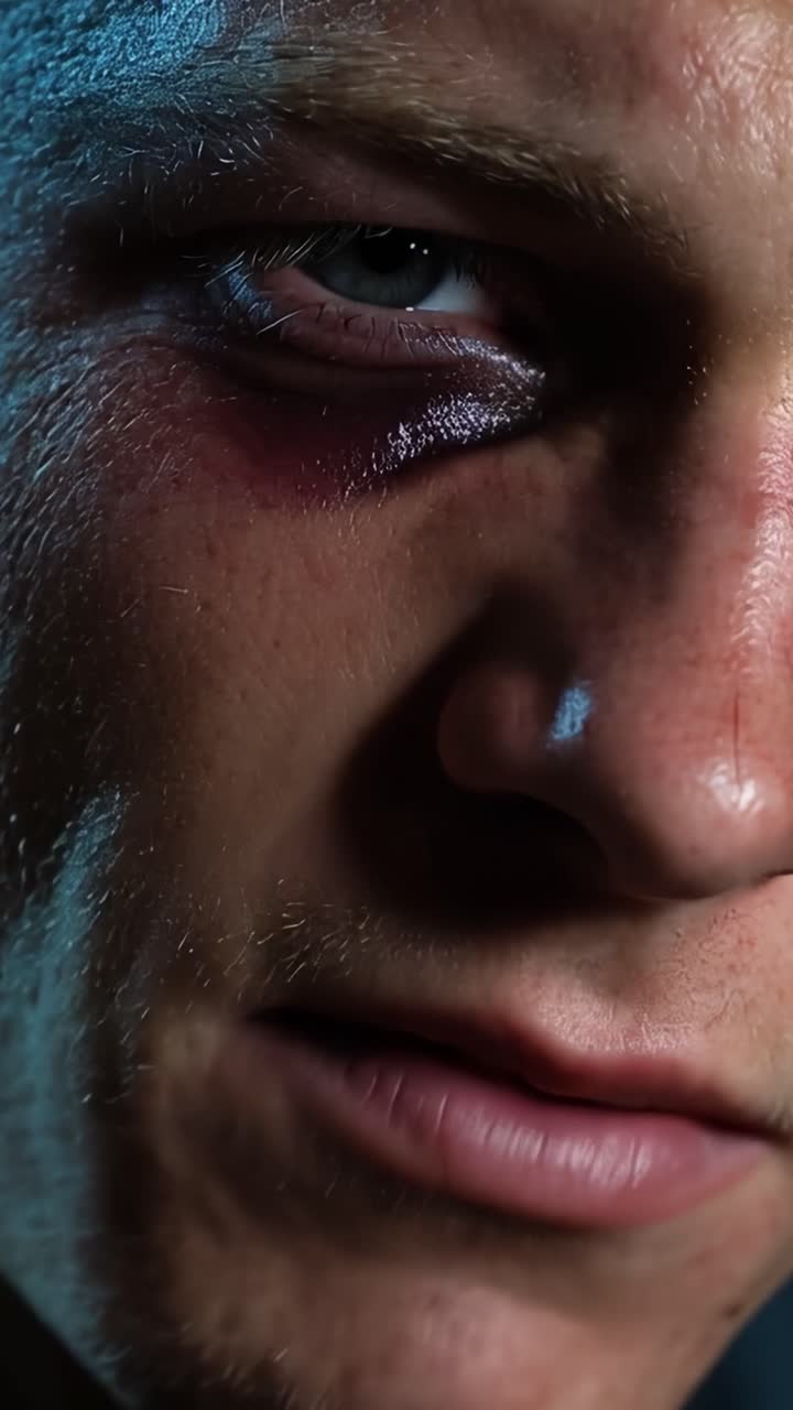 Close-up of bruised eye, intense gaze. Dark shadows highlight facial tension. Dramatic lighting emphasizes injury's severity. Emotion conveys pain, resilience, and grit. Suitable for sports, action