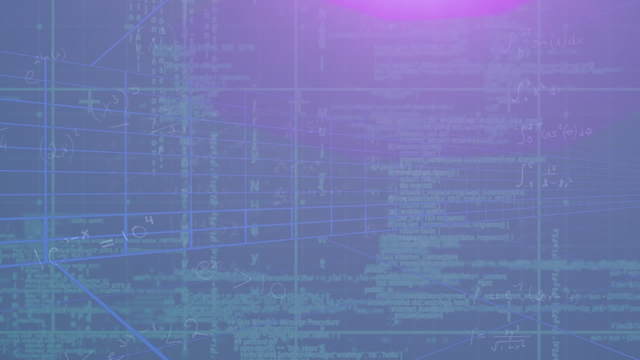 animación de líneas, procesamiento de datos y fórmulas matemáticas en espacio púrpura