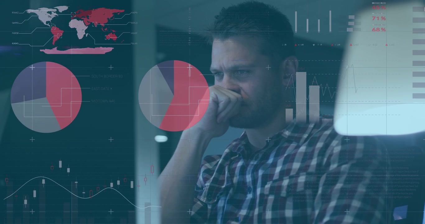 Animation of statistical data processing against tired man working at office