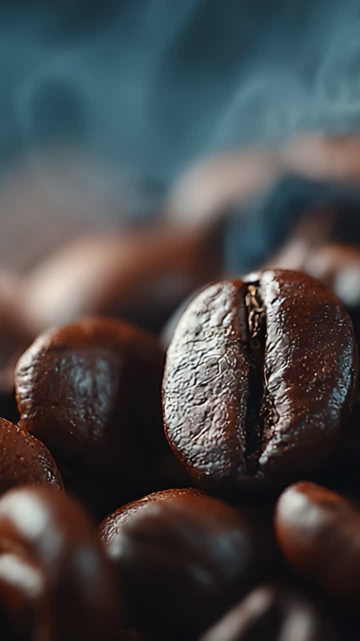 Aromatiske kaffebønner: En nærbillede-udforskning af friskristede kaffebønner med rige olier og lokkende aromaer, der stiger op i en røget atmosfære