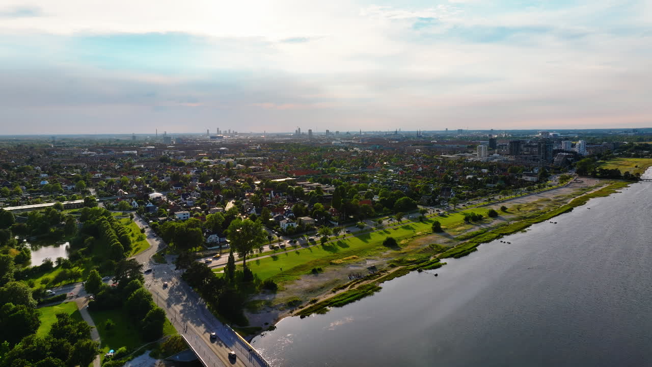 Aerial drone view of Amager Beachpark seaside public park in Copenhagen, Denmark