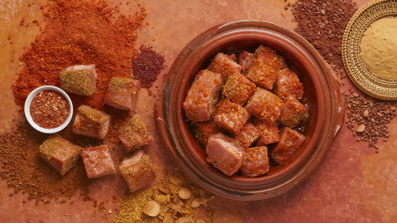 Yukarıdan yakınlaşan kamera, masa üzerindeki terakota kaba odaklanarak kadrajı daraltıyor, güveç kabını ve baharatları vurguluyor.