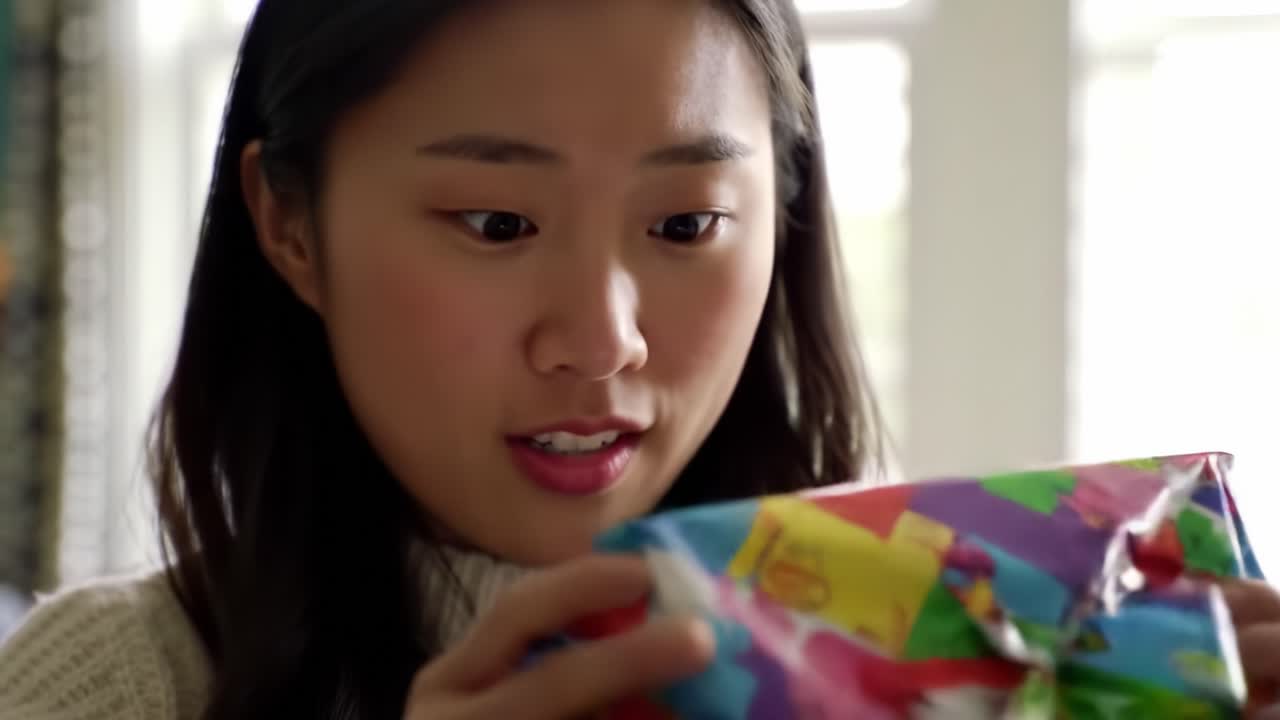 Engaging Moments: A Young Woman's Expressive Reaction While Unwrapping a Colorful Gift with Surprise and Anticipation Captured in Two Frames