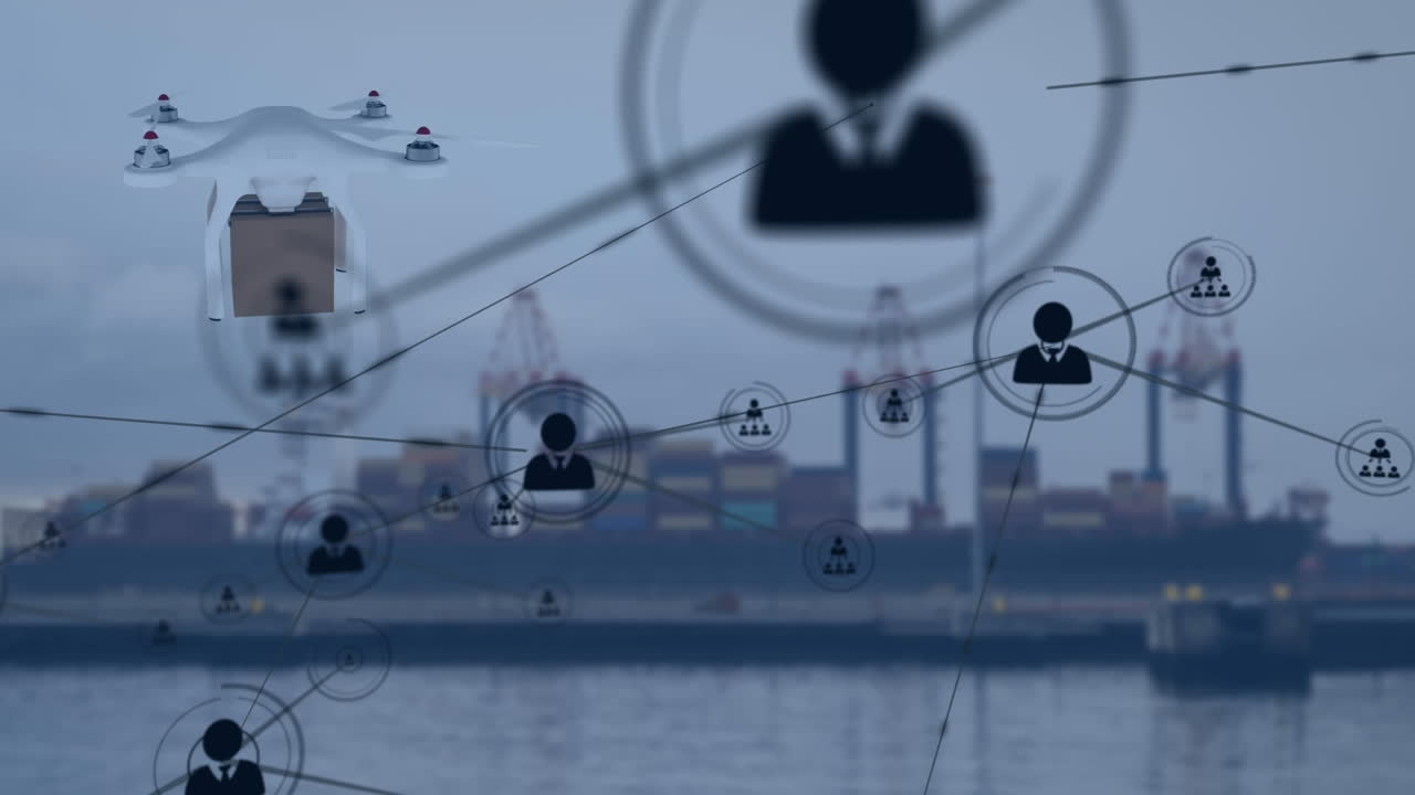 패키지를 운반하는 드론을 통해 아이콘으로 연결된 네트워크의 애니메이션