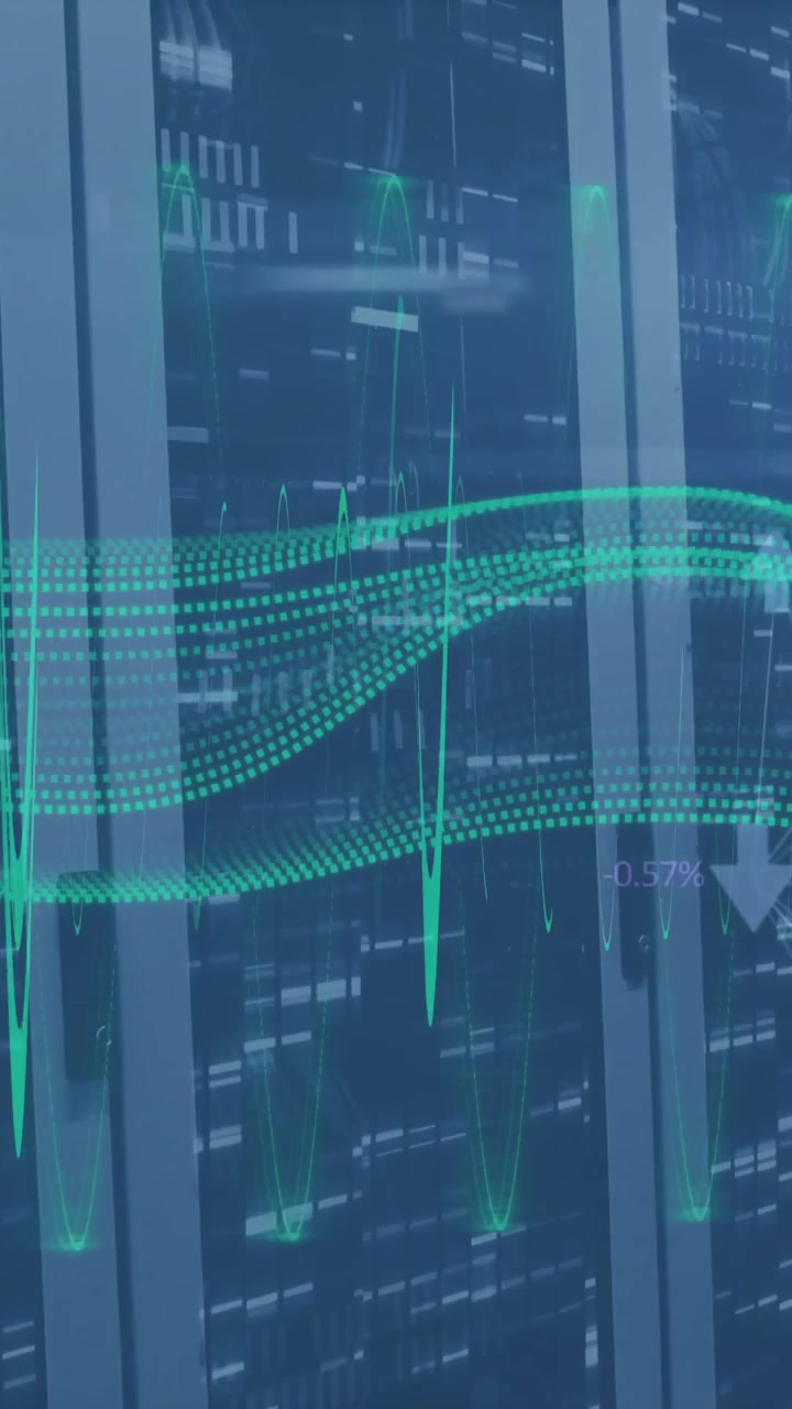 Animation of data processing and arrows over server room
