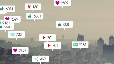 Animation-of-message-icons-with-changing-numbers-over-fog-covered-modern-city