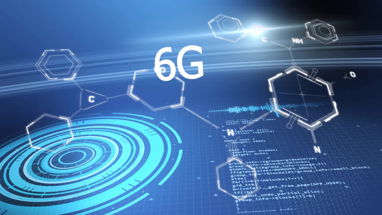 6g 텍스트의 애니메이션, 과학 데이터 처리, 파란색 배경