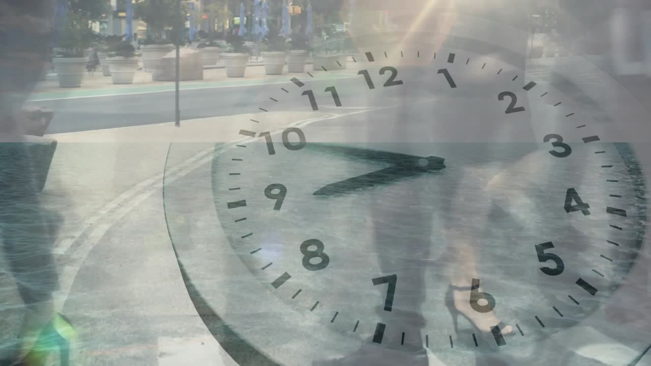 Analog clock advancing hands, tracking walkers crossing crosswalk, showing elapsed time for transit
