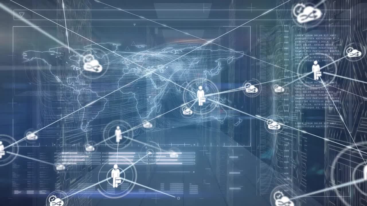 Animation of network of connections with people icons with data processing