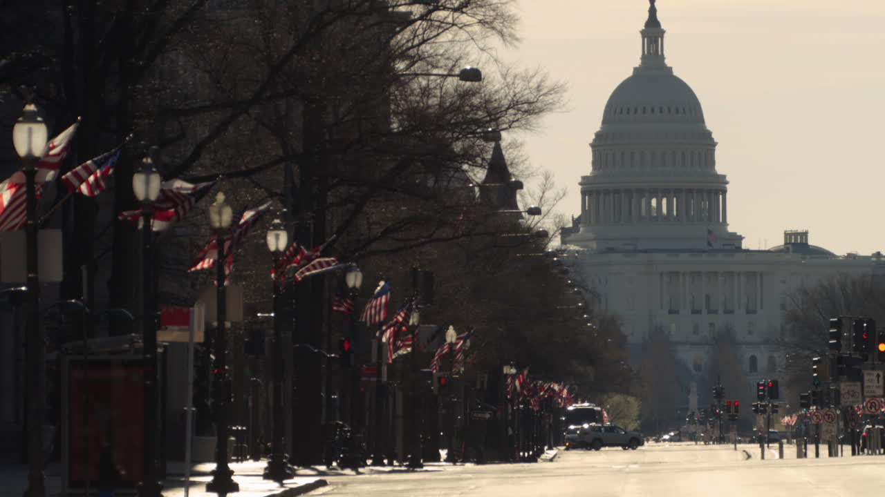 Flags Waving Along Pennsylvania Avenue in Washington DC with US Capitol in Background