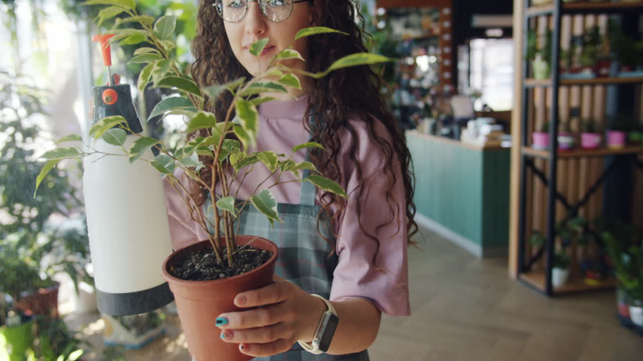 Woman spraying a plant in a flower shop