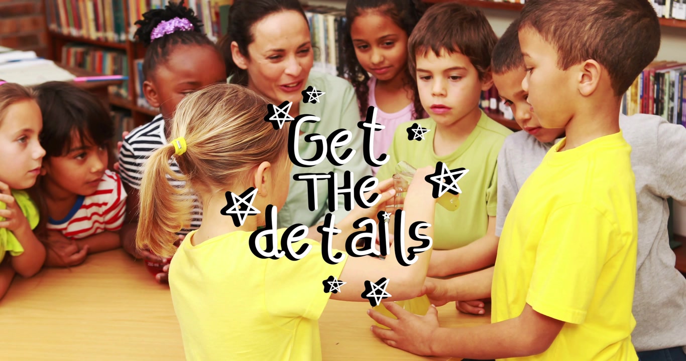 Overlay Get details appearing, teacher leaning kids crowding as girl handing yellow bottle for STEM