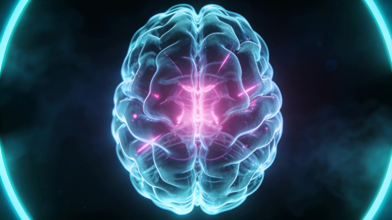 Animeret 3D cyan-blå hjerne pulserer med magenta aktiveringer ved start, turkis kant visualiserer aktivitet