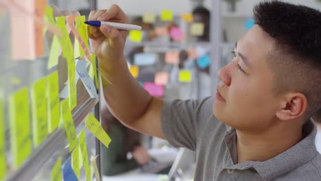 young man writing on sticky notes on glass board in the office