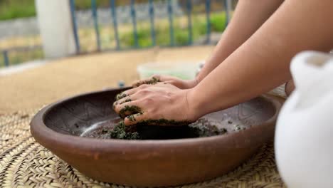 salazón en verduras aromáticas trituradas para hacer infusión profunda de hierbas con tarta de ciruela verde madura sabor deliciosa proceso de mezcla en sartén sartén alfombra de mimbre bosque vida rural de la aldea en irán