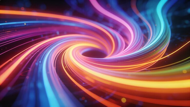 Fitas multicoloridas em espiral convergindo para um vazio central com partículas em movimento, criando um loop.