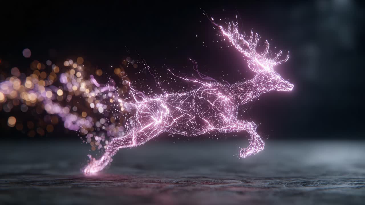 A Mesmerizing Visualization of an Ethereal Deer Leaping Through a Dreamlike Landscape, Surrounded by Sparkling Particles and Enchanting Light Trails