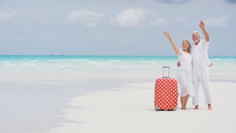 caucasian senior travellers outdoors on beach with suitcase