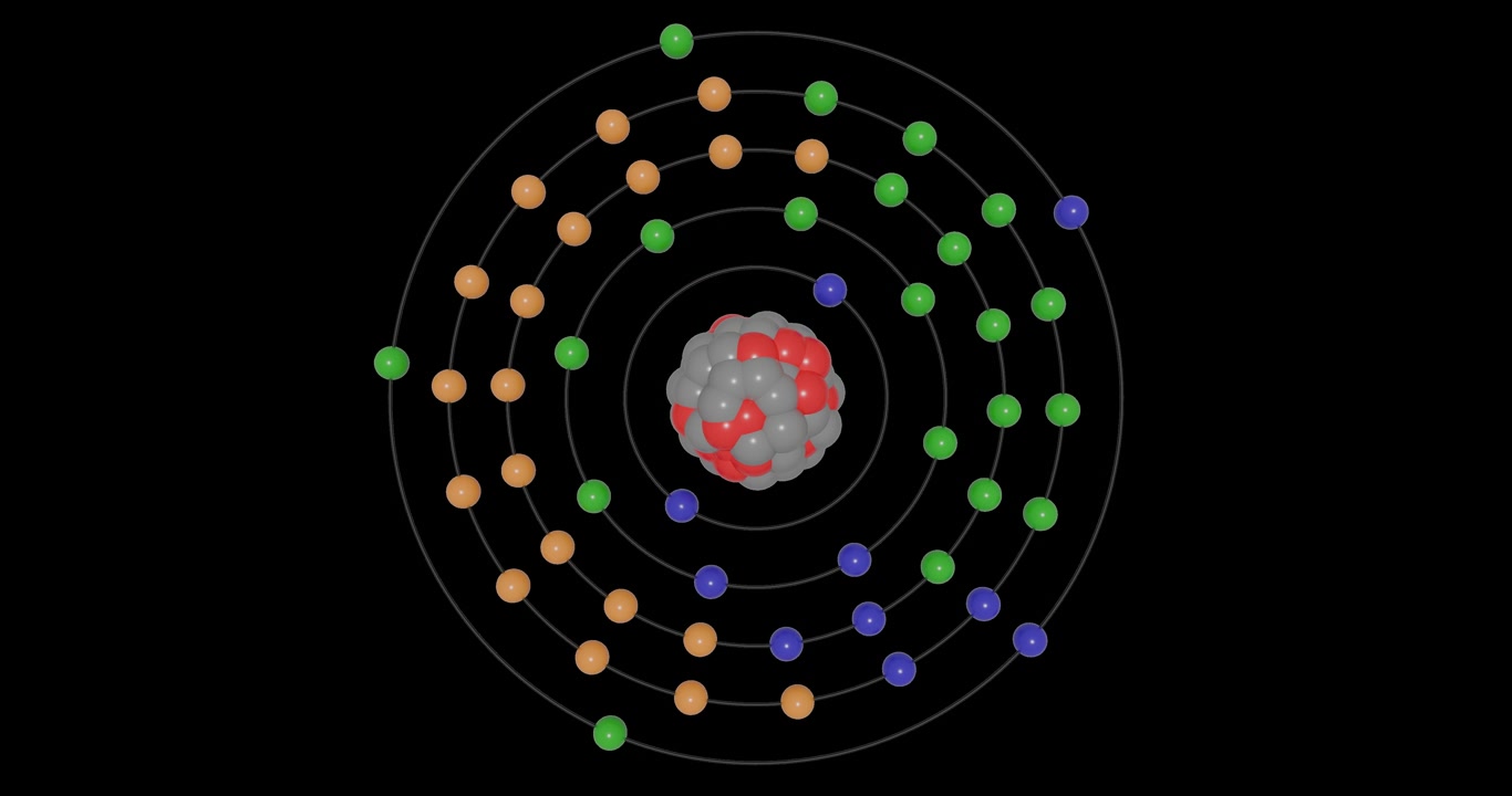 3D animation of an antimony atom on a transparent background showing shells, subshells, electron orbits, and a nucleus with protons and neutrons, illustrating atomic structure and energy levels.