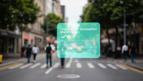 digital transaction confirmation displayed in a busy urban environment, highlighting interaction with smart technology on a city street