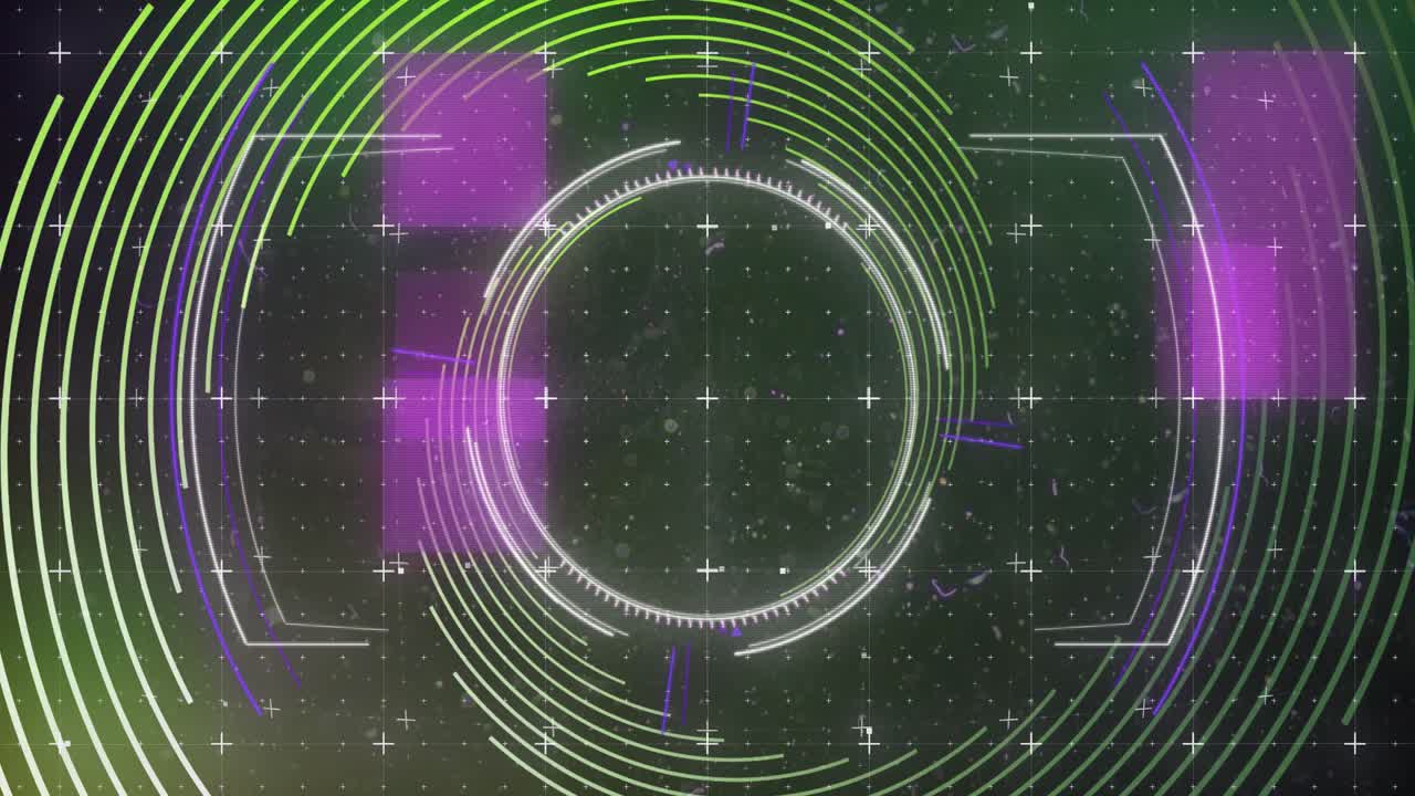 On grid backdrop appearing HUD interface elements rotating, pulsing and sliding to simulate scan