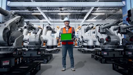 trabajador de fábrica con portátil frente a los robots
