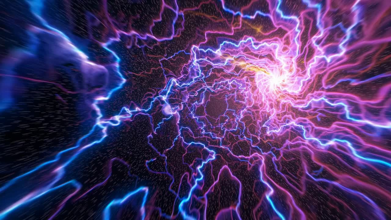 A cosmic vortex of neon pink and blue lightning spirals in a dynamic, high-angle shot
