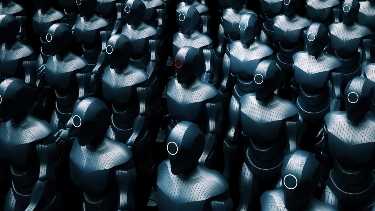 robots marchando lentamente. su líder está en el centro. escena de guerra tecnológica.